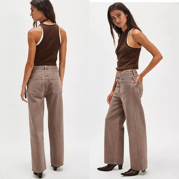 Agolde Ren Jeans Ceramic 27 Tan Brown Wide Leg High Rise Ankle Jean Copper Pants